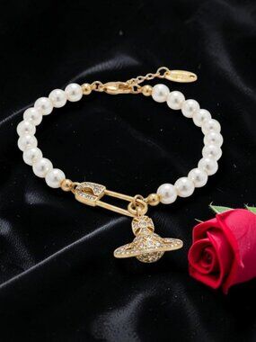Adjustable Pearl and Safety Pin Charm Gold Orb Safety Pin Bracelet